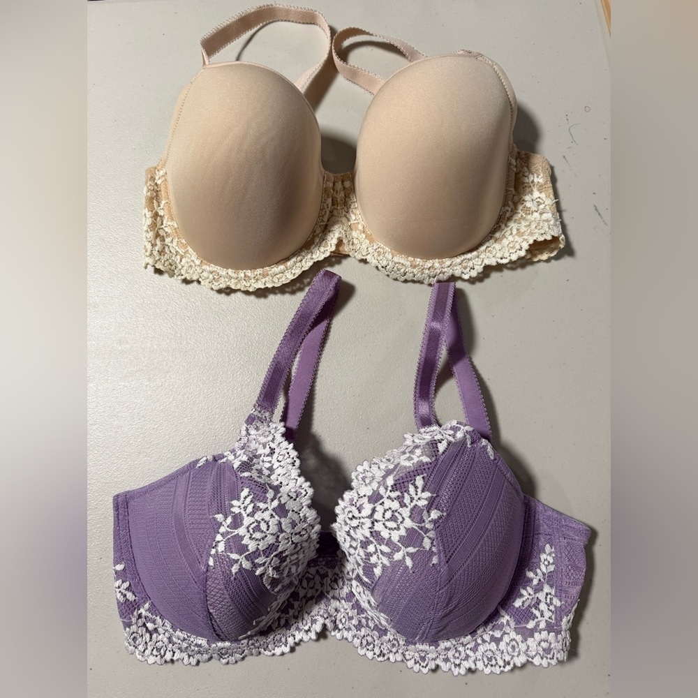 Bundle of 2 Wacoal Lace Trimmed Bras Set Nude and Purple Size 36D